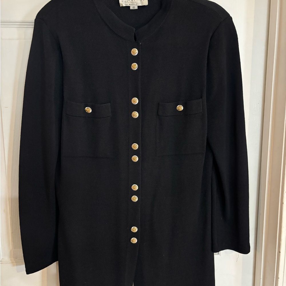 Vintage St. John Santana knit Black Long Sleeve Cardigan with Gold Buttons